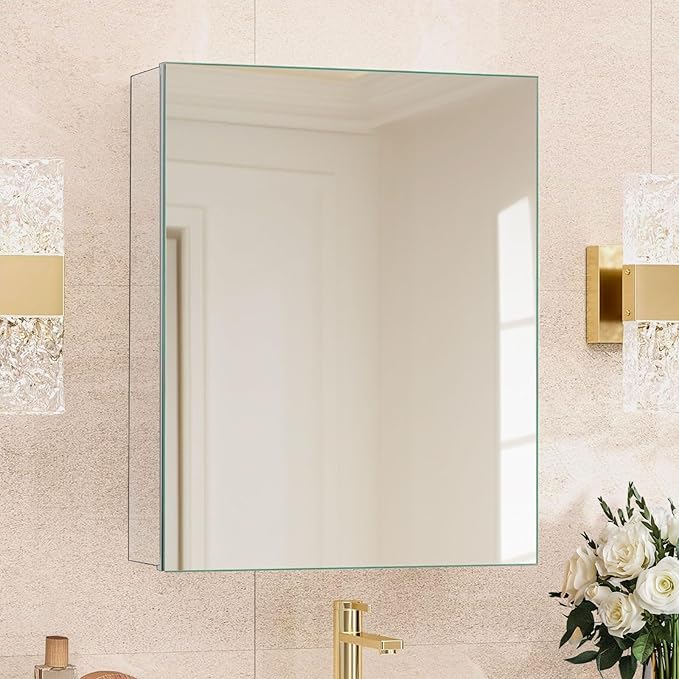 20 x 26 in Medicine Cabinet Mirror,Bathroom Mirror Cabinet with Adjustable Shelves,Aluminum Silver Medicine Cabinets for Bathroom,Recessed or Wall Mounted Medicine Cabinets（Assembly Required
