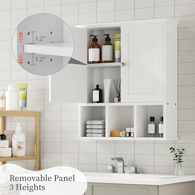 Shintenchi Bathroom Wall Cabinet with Door, Storage Organizer Over The Toilet Medicine, Space Saving with Adjustable & Open Shelf, Solid White