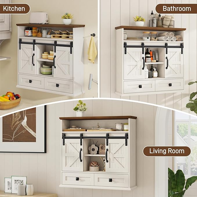 Vabches Bathroom Wall Cabinet, Farmhouse Medicine Cabinet with Double Sliding Barn Door and Storage Drawer, Wooden Vintage Storage Cabinet Wall Mounted for Bathroom, Kitchen, Rustic White and Brown
