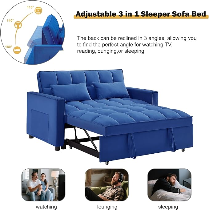 3 in 1 Convertible Sleeper Sofa Bed, Velvet Fabric Loveseat Sofa Bed with Adjustable Backrest & Large Side Pockets, Pull Out Couch for Small Spaces, Apartment, Living Room, Blue