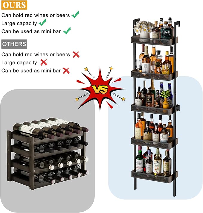 5-Tier Freestanding Wine Racks: 50 Bottles Wine Rack Shelf Wall Mounted with Fences, Wines Bottle Holder Display Shelf, Liquor Storage for Kitchen, Dining Room, Bar, Wood, 17.28''L x 7.95''W x 68.5''H