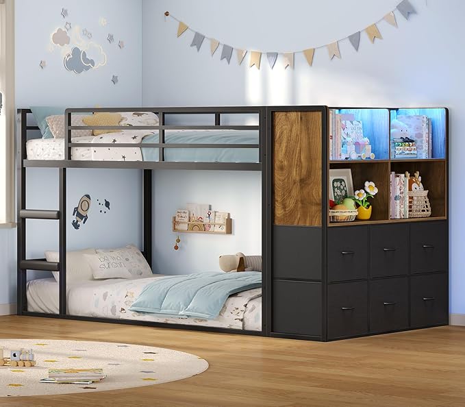 BTHFST Twin Over Twin Bunk Bed, Twin Bunk Beds with Storage & LED Lights, Metal Space Saving Low Bunk Bed with Safety Ladder and Guardrail