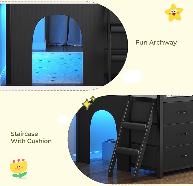 UPOSOJA Twin - Low Loft Bed with Kids Clothing Rack, Kids Loft Bed, Loft Bed with Tent, Toy Storage Box, Safety Guardrail, LED Light, Under-Hide and Seek Bed Play Space (Black)