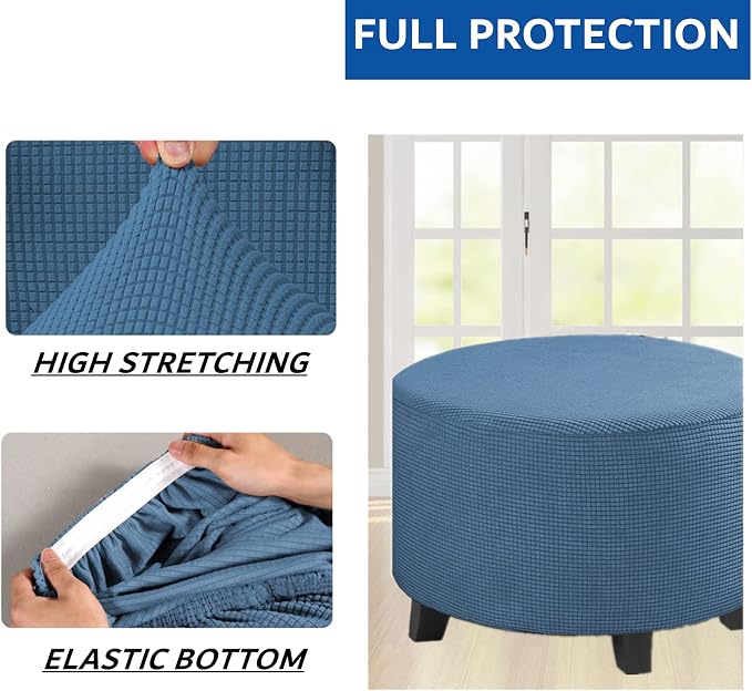Stretch Ottoman Slipcover – Round Furniture Protector Fits 24"-29" Dia, for Footrests, Storage Ottomans & Folding Stools – Elastic Fabric Cover (Dusty Blue, Large)