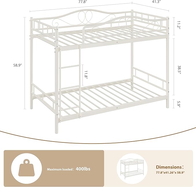 IDEALHOUSE Bunk Bed Twin Over Twin with Ladder & Full Safety Guardrail, Heavy Duty Metal Twin Over Twin Bunk Bed 400 Lbs Load Capacity, Space-Saving, Noise Free, No Box Spring Needed, Easy Assembly, C
