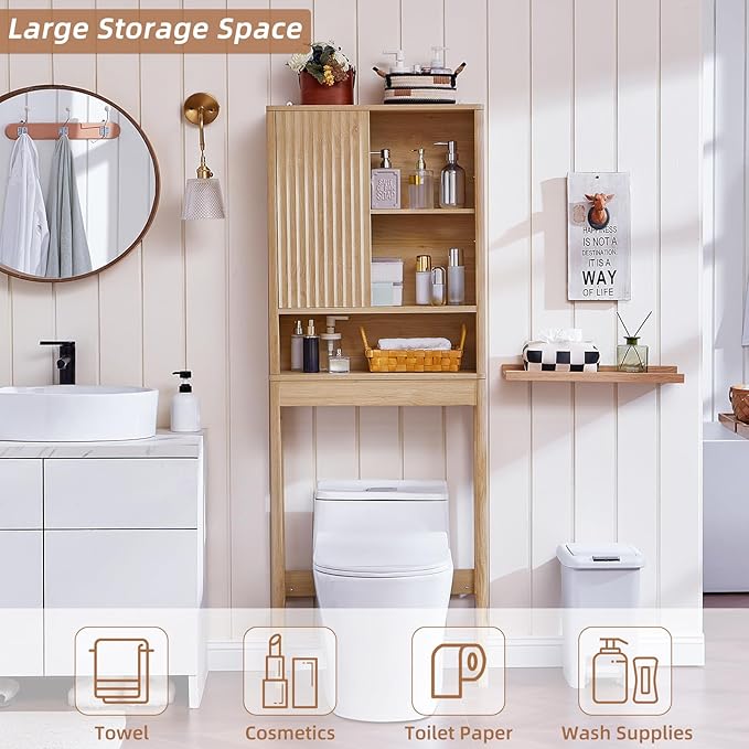 LEYAOYAO Fluted Over The Toilet Storage Cabinet, Farmhouse Over Toilet Bathroom Organizer with a Sliding Door, 68" Tall Wood Natural Freestanding Washer Shelf with Adjustable Shelf & Curved Profile