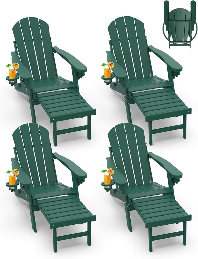 GREENVINES Adirondack-Chairs-with-Ottoman | Set of 4 | Folding | Retractable-Footrest | HDPE Plastic | All Weather Fire Pit Chair | Cup Holders | Forest | for Outdoor Poolside