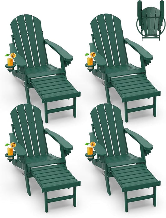 GREENVINES Adirondack-Chairs-with-Ottoman | Set of 4 | Folding | Retractable-Footrest | HDPE Plastic | All Weather Fire Pit Chair | Cup Holders | Forest | for Outdoor Poolside