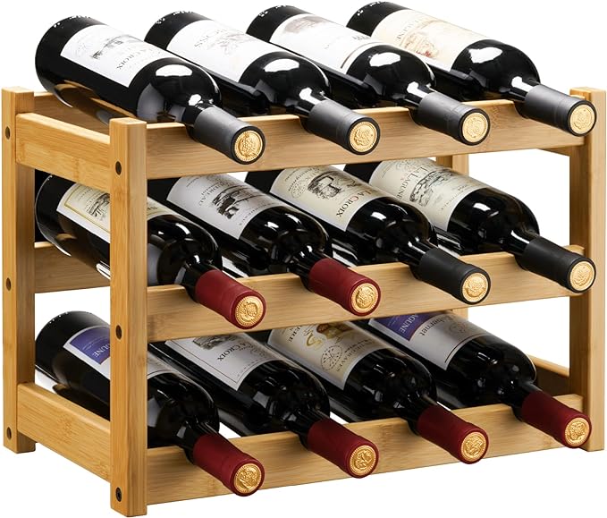 VASMIA Bamboo Wine Rack, Sturdy and Durable Wine Storage Cabinet Shelf, Wine Racks Countertop for Pantry,Kitchen,3-Tier 12 Bottles Wine Rack Natural