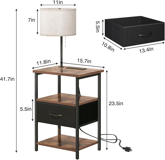 Fixwal Nightstand with Lights Bedside Table with 3 Color Temperatures Bulb, Night Stand with Charging Station End Table with Adjustable Fabric Drawer for Bedroom Dorm