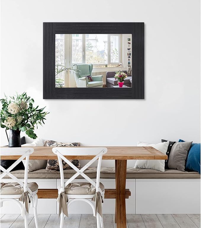 Black Rectangular Vintage Rustic Wood Framed Large Mirror - Deco Farmhouse Living Room Bathroom Bedroom Entrance - 26" x 18"