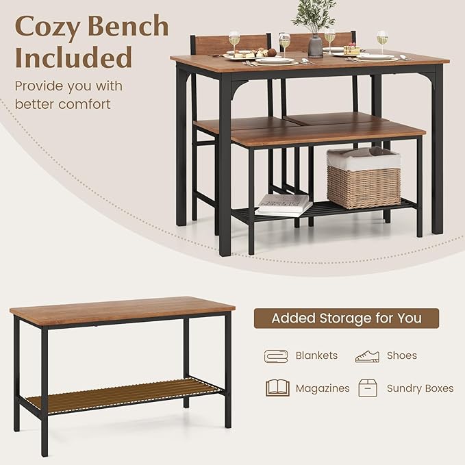 COSTWAY Dining Table Set for 4, Rectangular Kitchen Table Set with Bench and 2 Chairs, Storage Rack & Metal Frame, 4-Piece Dining Room Table and Chairs Set for Small Space, Apartment (Brown)