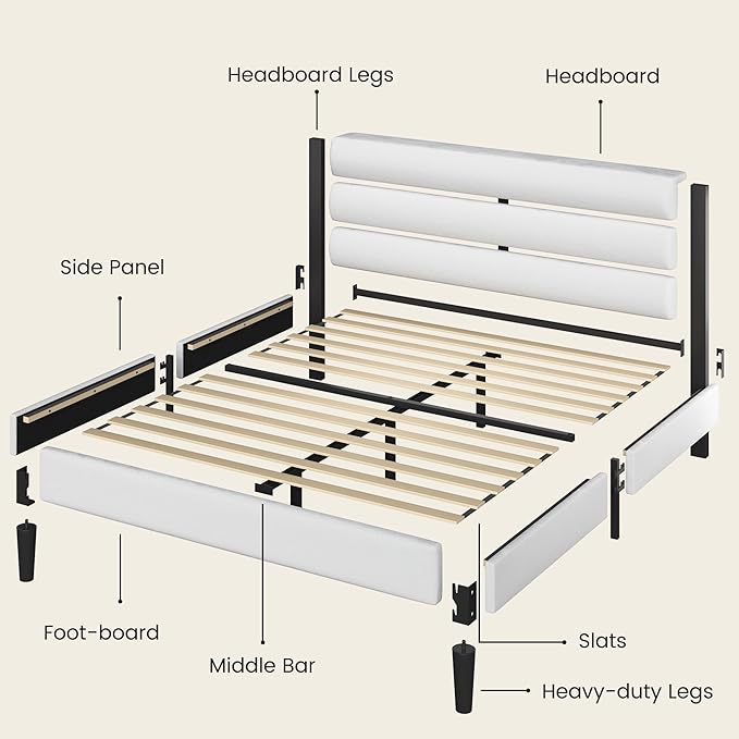 Fluest Queen Bed Frame, Platform Bed Frame with Velvet Upholstered Headboard, No Box Spring Needed, Sturdy Metal Support, Noise Free, Easy Assembly, Modern Bedroom Furniture, White
