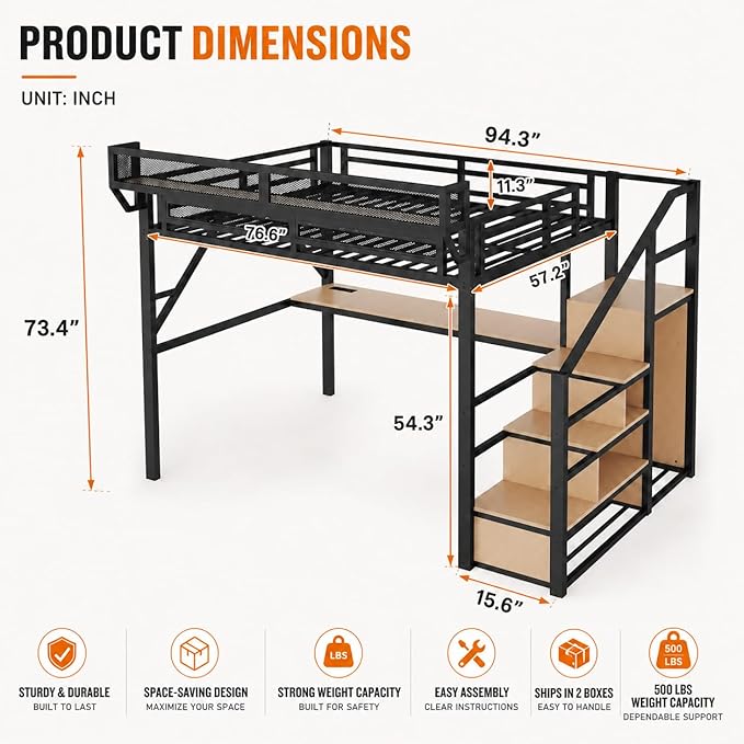 Mirightone Full Loft Bed with Desk and RGB Light, Metal Loft Bed Frame with Stairs and Bedside Shelf, Heavy-Duty Lofts Beds with Storage Shelves and Wardrobe for Kids Teens, Black