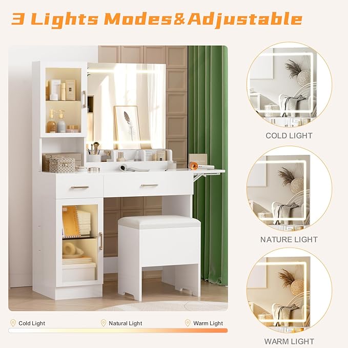 Makeup Vanity with LED Lighted Mirror & Built-in Power Socket, Dressing Table with Single Cabinet & 2 Storage Drawers, Bedroom Vanity Desk Station with Matching Stool (052 White)