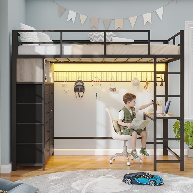 BTHFST Twin Loft Bed with Desk & 8 Storage Drawers Tall Dresser, Black Metal Loft Bed with LED Lights & Charging Station, 2-Tier Storage Shelves, Stable & Sturdy, Noise Free, Space Saving, Grey