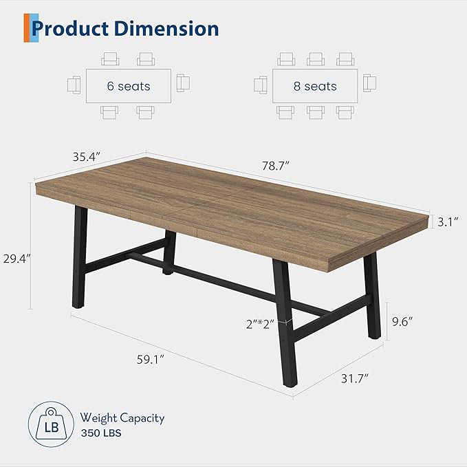 GarveeHome Industrial Dining Table for 6-8 People, 78.7" Long Kitchen Table with Sturdy Metal Frame, Rectangular Counter for Dinner, Kitchen, Dining Room (Rustic Pear, 79" Non-extendable)