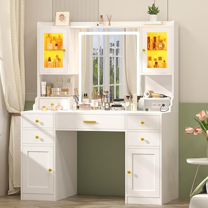 Vanity Desk with Mirror and Lights, White Makeup Vanity Table with Charging Station，Large Vanity Desk with 6 Drawers & 2 RGB Cabinet, Dressing Table Set with Lighted Mirror Adjustable, for Bedroom