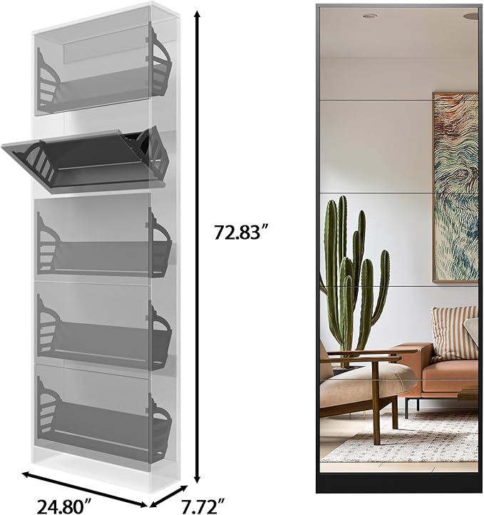 Black Shoe Cabinet with Full Length Mirror, 15-20 Pairs & 5 Flip Drawer, Freestanding Shoe Storage Organizer, Narrow Shoe Rack for Entryway