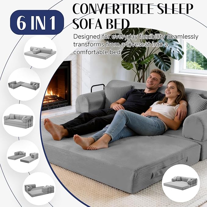 78.8" Convertible Sofa Bed with Detachable Arm Pillow, 6-in-1 Sectional Couches for Living Room, Corduroy Boneless Couch, Sleeper Loveseat Couch Bed, No Assembly, Light Gray Couch