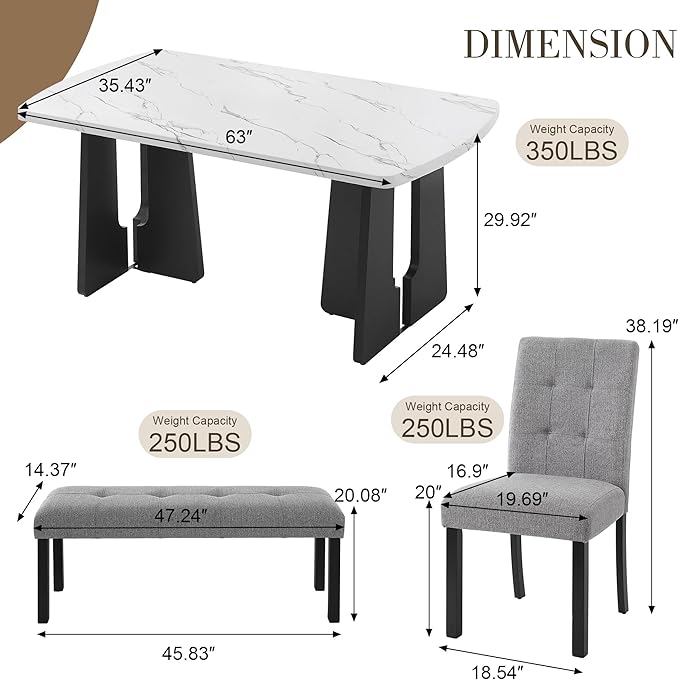 Merax 6-Piece Dining Table Set for 6, Modern Faux Marble Oval Kitchen Tabletop with Four Upholstered Chairs and One Bench for Dining, Living Room, Kitchen, Easy Assembly, White+ Gray