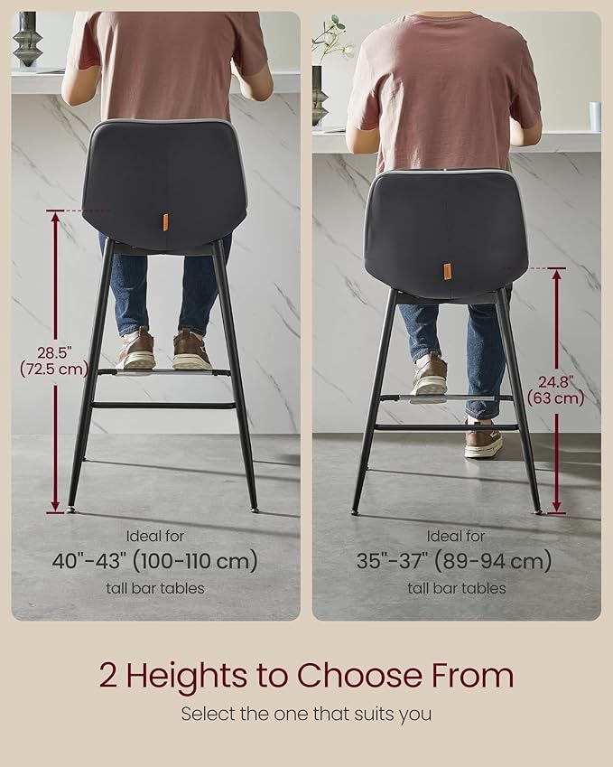 VASAGLE Bar Stools Set of 4, Counter Height Bar Stools with Back, Ergonomic Backrest, Synthetic Leather, Metal Legs, 24.8-Inch Tall Barstools for Kitchen Island Home Bar, Easy Assembly, Ink Black