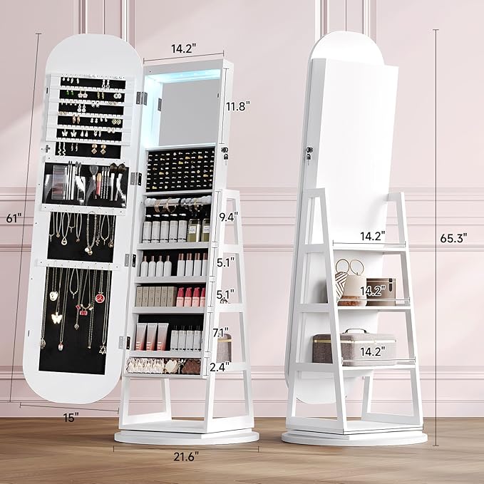 360° Swivel Jewelry Mirror Cabinet with Lights, Inside Makeup Mirror, Standing Jewelry Armoire Organizer, Rotatable Full-Length Mirror with Jewelry Storage, Lockable with Back Storage Shelves (White)