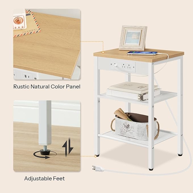 HOOBRO Side Table with Charging Station and USB Port, Small End Table for Small Space, 3-Tier Nightstand with Adjustable Shelf, for Living Room, Bedroom, Natural and White WN112BZ01