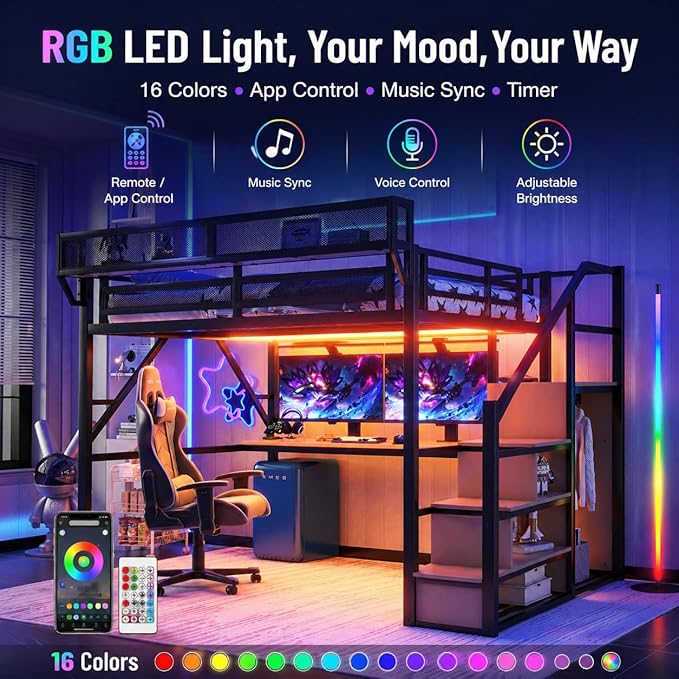 Mirightone Full Loft Bed with Desk and RGB Light, Metal Loft Bed Frame with Stairs and Bedside Shelf, Heavy-Duty Lofts Beds with Storage Shelves and Wardrobe for Kids Teens, Black