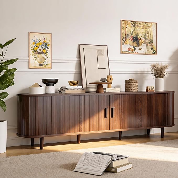 70" Mid Century Modern TV Stand, Wood TV Consoles with Sliding Doors and Power Outlet, Entertainment Center with Adjustable Shelves, Fluted TV Stands for Living Room, Walnut