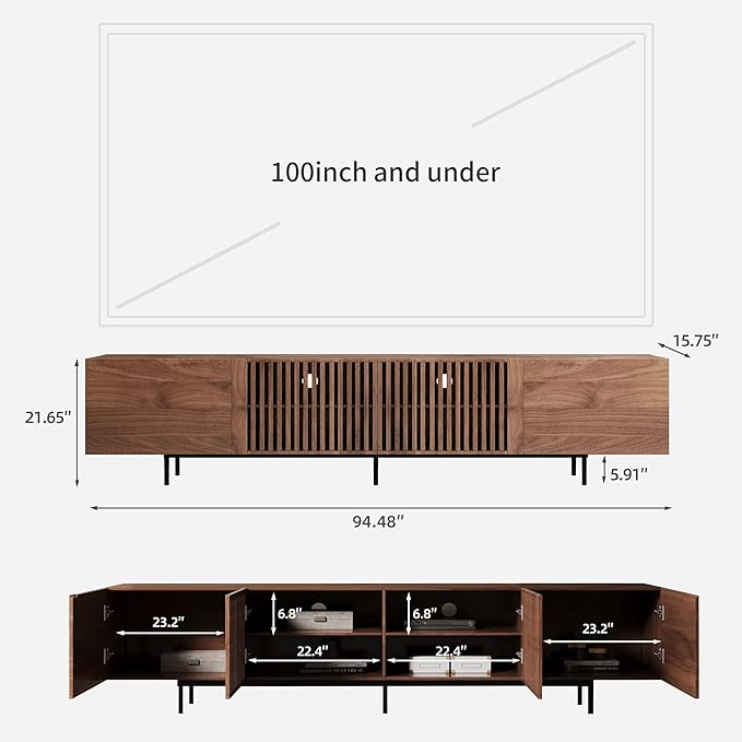 94.48" Mid-Century Modern TV Stand, Walnut Media Console with 4 Storage Cabinets, Entertainment Center for TVs up to 100 Inches, Ideal for Living Room or Bedroom