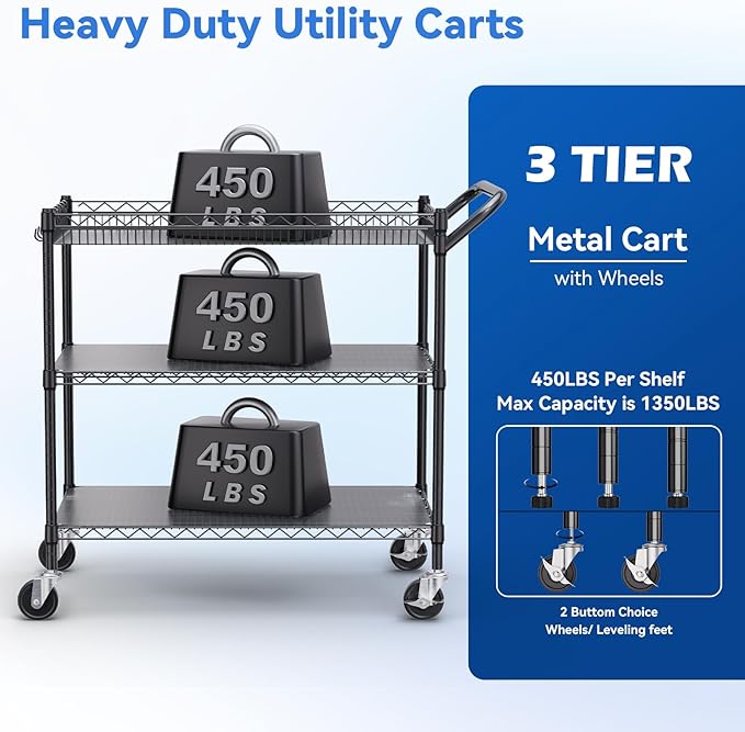 WDT 1350Lbs Capacity Heavy Duty Rolling Utility Cart, NSF Rolling Carts with Wheels,Commercial Grade Metal Cart with Handle Bar & Shelf Liner,Trolley Serving Cart for Restaurant,Kitchen,Black
