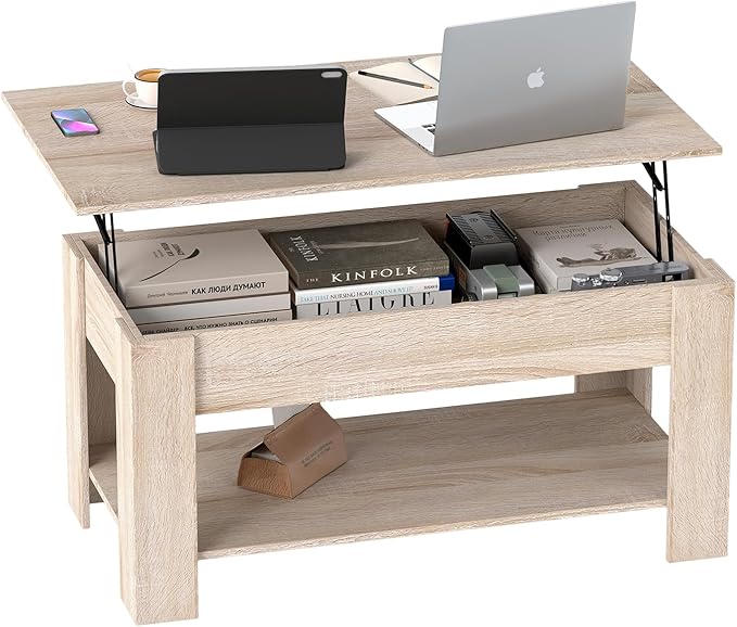 FDW Lift Top Coffee Table with Lift Tabletop Hidden Compartment and Storage Shelf Wooden Living Room Table for Home Reception Room Office,Nature