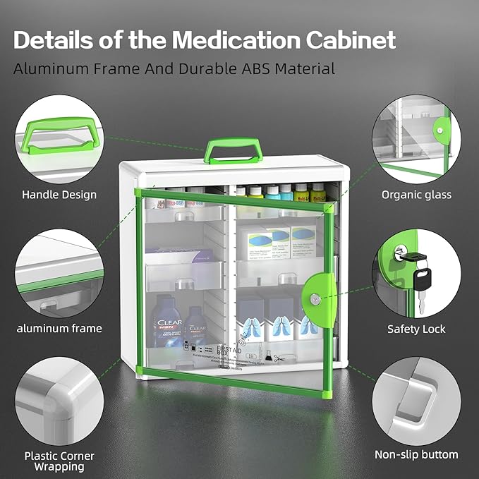 Glosen Lockable Medicine Cabinet with 6 Removable Trays, Wall Mounted & Portable Locking Medicine Cabinet Organizer with Key Lock for Home, Bathroom, Office - Aluminum Frame(15.63 * 6.5 * 15.43Inch)