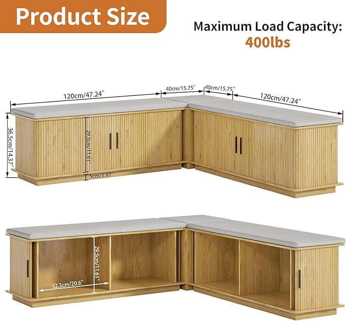 L Shaped Breakfast Nook Bench with Cushion, Kitchen Corner Bench with Hidden Storage, Backless Corner Dining Benches for Kitchen Dining Room Entryway