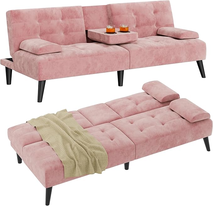 Shintenchi Futon Sofa Bed, Velvet Foldable Couch, Reclining Sleeper with Removable Armrests, Upholstered Loveseat Sofa Couch with Folding Cup Holders for Office, Home, Pink