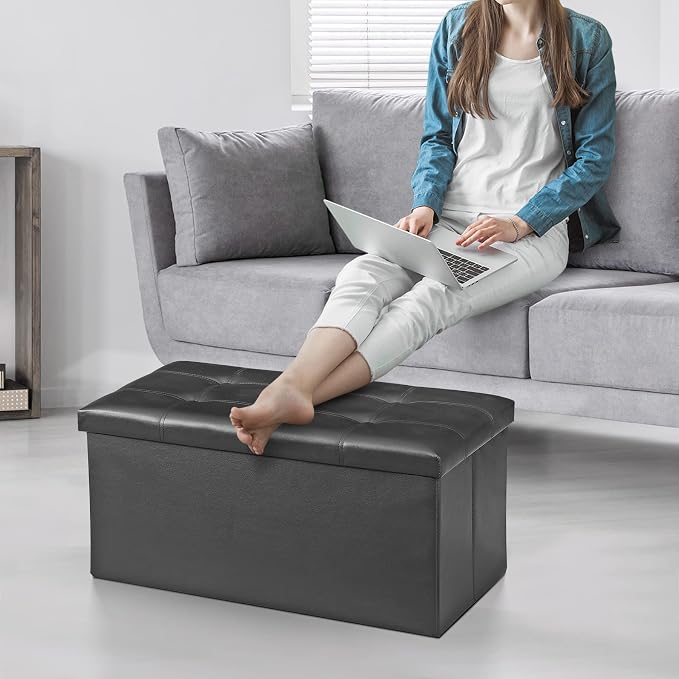 ZenStyle 30Inches Storage Ottoman Bench, Folding Footrest Stool, Storage Chest Long Shoes Bench with Foam Padded Seat, Holds up to 350 lbs, for Living Room, Entryway, Bedroom, (Black, 30 inches)