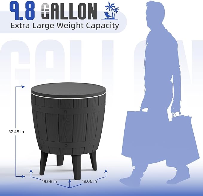 EasyUp Outdoor Resin Ice Bucket & Beverage Cooler-Patio Cooler Table with UV Protection,Wood-Look Side Tables for Your Patio, Picnic, and Beach Party (Black)