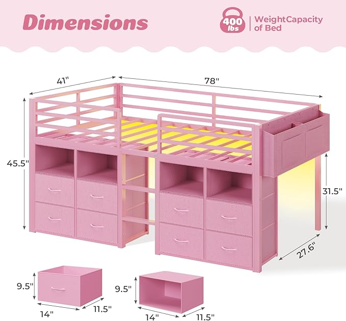 ADORNEVE Low Loft Bed Twin Size with 8 Storage Drawers, Twin Loft Bed with Bookcase and LED Lights, Metal Kids Loft Bed with 14" H Safety Guardrail, Under-Bed Play Space, No Box Spring Needed, Pink