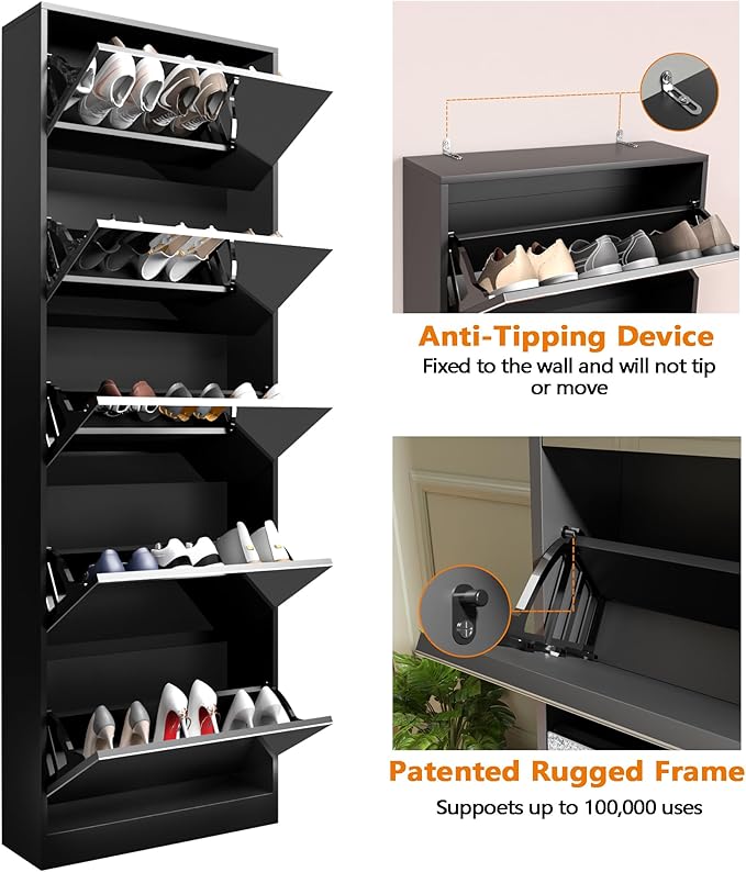 Black Shoe Cabinet with Full Length Mirror, 15-20 Pairs & 5 Flip Drawer, Freestanding Shoe Storage Organizer, Narrow Shoe Rack for Entryway