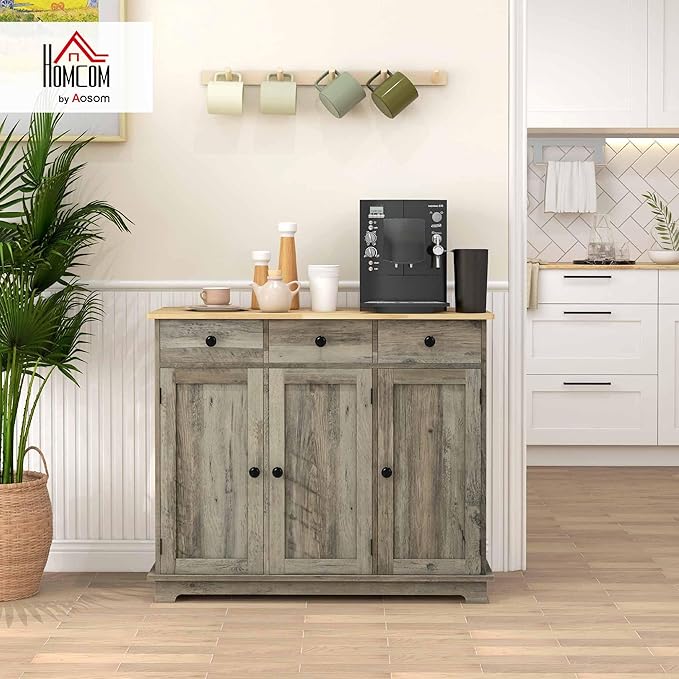 HOMCOM Sideboard Buffet Cabinet with Solid Wood Countertop, Modern Kitchen Storage Cabinet, Coffee Bar Cabinet with 3 Drawers, Doors and Adjustable Shelf, Distressed Gray