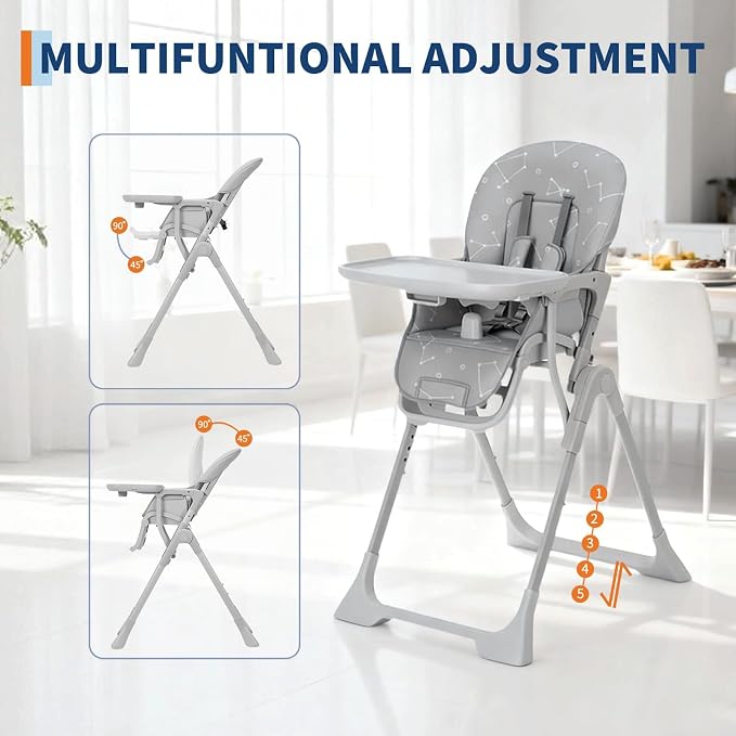 Baby High Chair, Foldable Feeding Chairs for Babies and Toddlers, Adjustable Height/Backrest/Footrest, Removable Tray, Fast Folding Gray