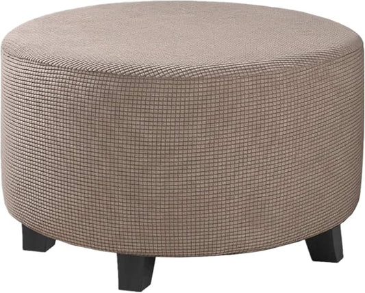 Stretch Ottoman Slipcover – Round Furniture Protector Fits 24"-29" Dia, for Footrests, Storage Ottomans & Folding Stools – Elastic Fabric Cover (Taupe, Large)