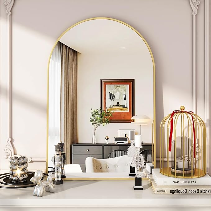 VooBang Arched Wall Mirror, 20 x 30 inch Arch Bathroom Mirror, Wall Mounted Vanity Mirror with Arch Metal Frame, Modern Bathroom Vanity Mirror for Bedroom, Living Room, Hanging or Leaning, Gold