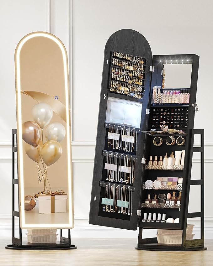 LVSOMT LED Arched Mirror Jewelry Cabinet Standing, Lockable Jewelry Armoire, Full-Length Mirror with Storage, Space-Saving Jewelry Organizer Mirror, Foldable Makeup Shelf, Gift for Women(LED Black)
