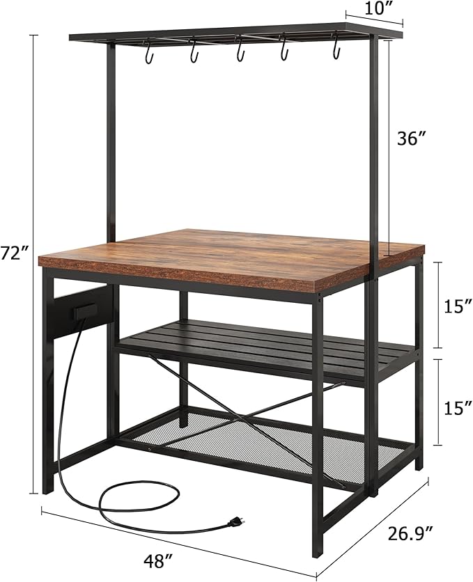 GarveeHome 47 in Kitchen Island with Power Outlet & Storage - Large Bakers Rack, Microwave Stand with 3-Tier Shelves & 5 Hooks for Pantry Organization