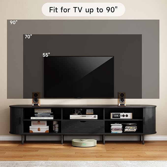 ONBRILL 86.6" TV Stand with Power Outlet for TVs up to 90", Entertainment Center with Storage and Drawer, TV Console with Adjustable Shelves and Sliding Door, TV Stand for Living Room, Bedroom, Black