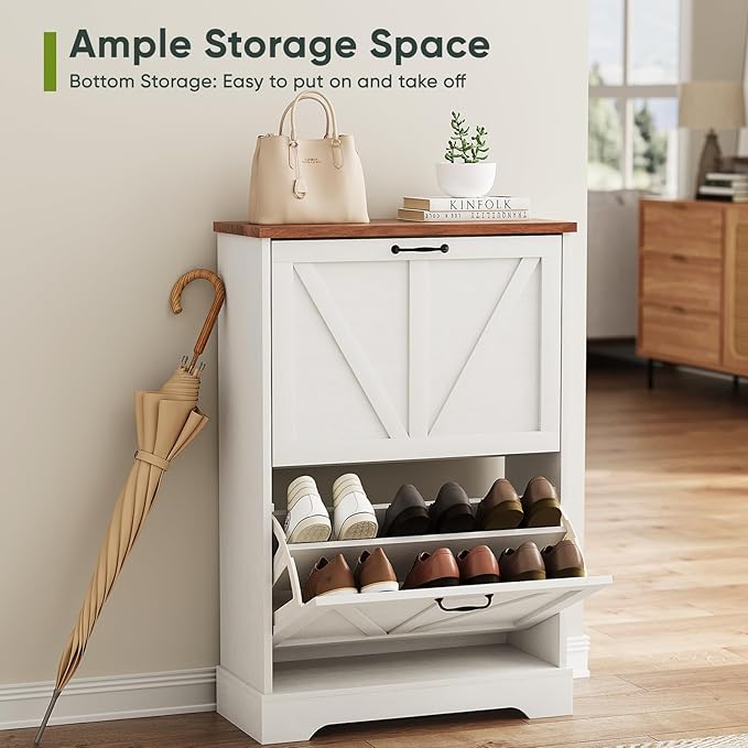 Smart FENDEE Shoe Cabinet, Shoe Storage Cabinet for Entryway with 2 Flip Drawers, Narrow Farmhouse Shoe Organizer Cabinet, Slim Shoe Rack Cabinet, White