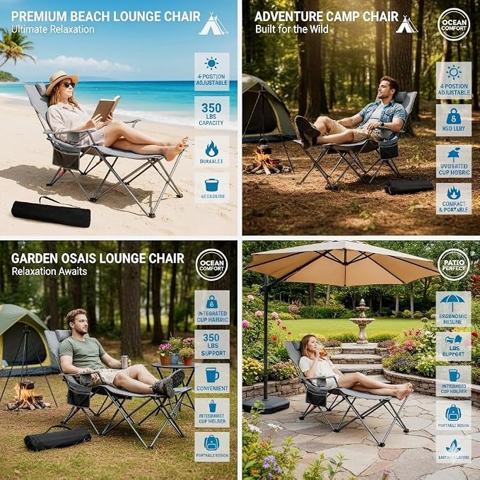 Northroad Foldable Camping Chair w/Foot Rest, Outdoor 6 Legged Beach Chair w/Footrest, Adjustable 90°- 135° Reclining Lounge Chair w/Detachable Pillow, Cup Holder & Carry Bag