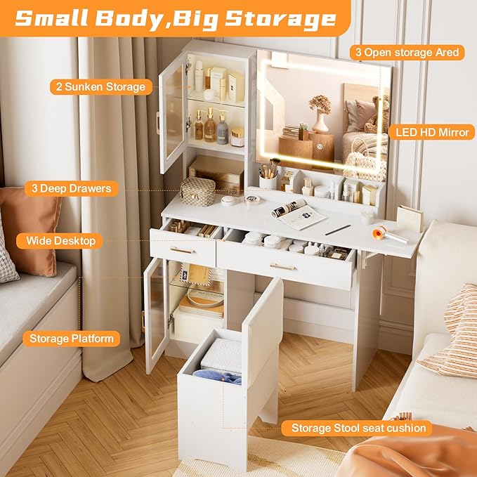 KAMABOKO Vanity Desk with Mirror, LED Lights and Power Outlet, Makeup Vanity Table with Cabinet and 2 Drawers, Dressing Table with Stools for Bedroom (White)